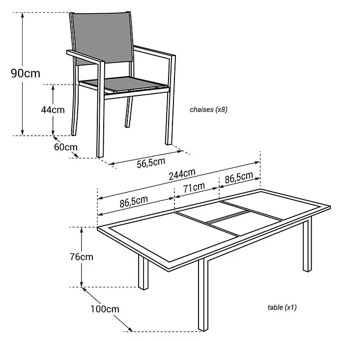 Happy Garden Gartentisch-Set CAPRI - Gesamtumfang: 9 -tlg., Aluminium - Esstischgarnitur (1 Tisch, 8 Stühle) mit Maßen. Stuhl mit grauer Sitzfläche: 90x60x56.5cm. Tisch: 76x100x244cm.