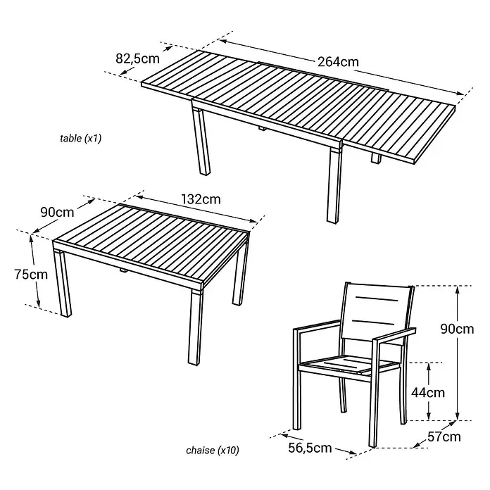 Happy Garden Gartentisch-Set VENEZIA - Gesamtumfang: 11 -tlg., Aluminium - Strichzeichnung eines ausziehbaren Terrassentisches (132-264cm L, 90/82.5cm B, 75cm H) und eines Esszimmerstuhls (90cm H, 56.5cm B, 57cm T, 44cm Sitzhöhe).