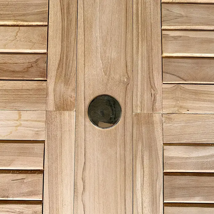 Teakholz-Gartenmöbel LOMBOK - ovaler ausziehbarer Tisch - 10 Plätze -  - Helle Holzplatte mit mittigem rundem Metalleinlassgriff.
