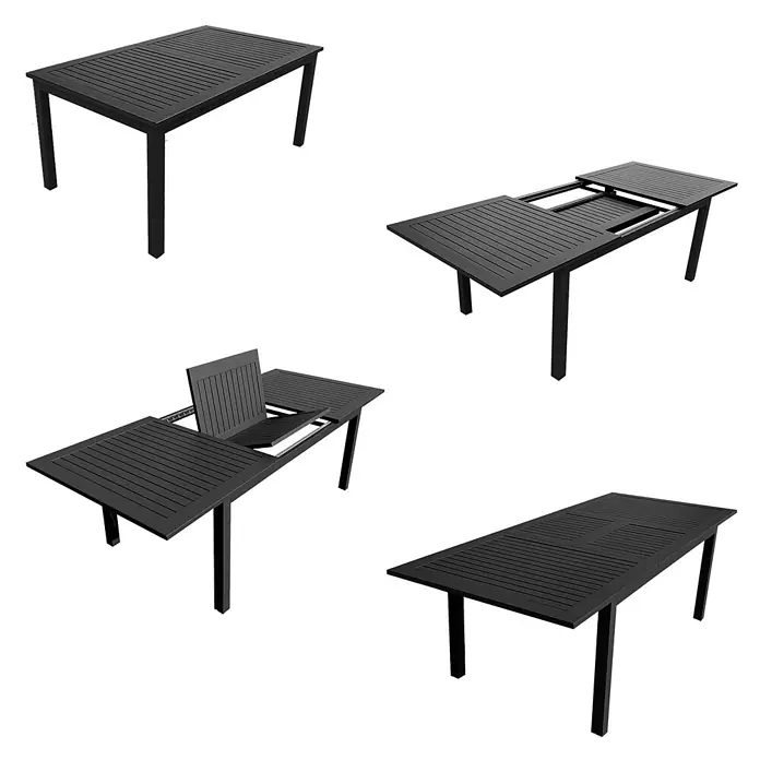 Happy Garden Gartentisch-Set CAPRI - Gesamtumfang: 9 -tlg., Aluminium - Schwarzer ausziehbarer Outdoor-Esstisch mit Lattenplatte, kompakt und ausgezogen dargestellt.