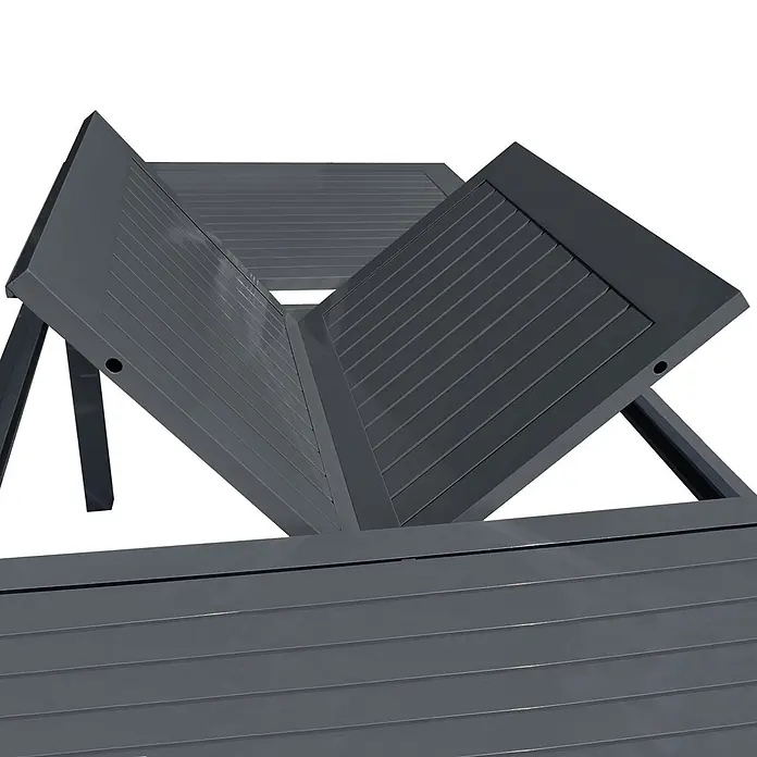 Happy Garden Gartentisch-Set CAPRI - Gesamtumfang: 9 -tlg., Aluminium - Dunkelgraues verstellbares Lamellenpaneel, teilweise geöffnet dargestellt.