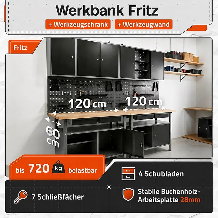 Ondis24 Werkbank-Set - L x B: 240 x 60 cm, Arbeitshöhe: 850 mm, Metall - Modulares dunkelgraues Werkbanksystem mit schwarzen Schränken, Werkzeugwand, Buchenholz-Arbeitsplatte, Schubladen und abschließbaren Fächern.