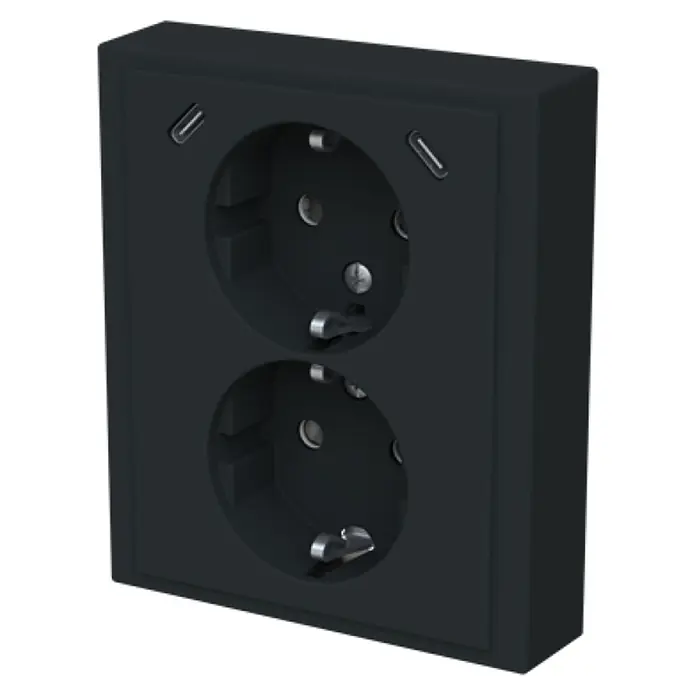 Busch-Jaeger USB-Steckdose Safety+ mit 2x USB-C Schwarz matt 202EUJRB2USBC-885 - Schwarz, Matt, Kunststoff, Unterputzmontage - Dunkelgraue Doppel-Schuko-Steckdose mit zwei integrierten USB-C Ladeanschlüssen.