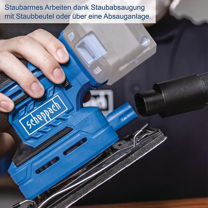 Scheppach IXES 20V Akku-Multischleifer C-MSA3/1-X - 20 V, Ohne Akku, Leerlaufschwingzahl: 14.000 U/min - 24.000 U/min - Blauer Scheppach Schleifer mit anzuschließendem Staubabsaugschlauch für staubarmes Arbeiten.
