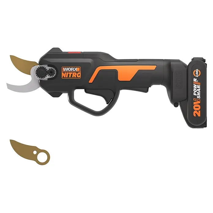 Worx PowerShare 20V Akku-Astschere WG330E.2 - 20 V, 1 Akku, Max. Aststärke: 25 mm - Schwarze und orange WORX NITRO 20V Akku-Astschere mit silbernen und goldenen Klingen und einer zusätzlichen goldenen Klinge.