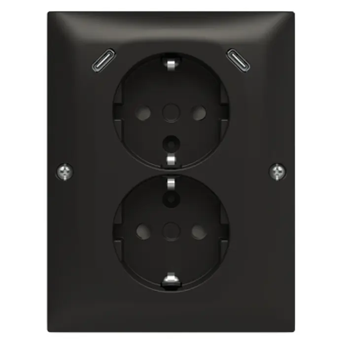 Busch-Jaeger USB-Steckdose Safety+ mit 2x USB-C Schwarz matt, Eckmontage 202EAPJB2USBC-915 - Schwarz, Matt, Kunststoff, Aufputzmontage - Schwarze Doppelsteckdose mit zwei integrierten USB-C-Ladeanschlüssen.