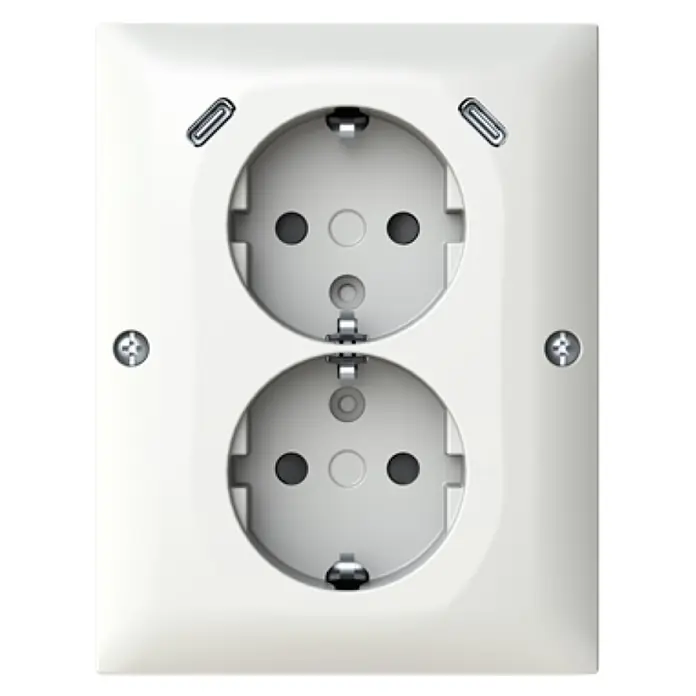 Busch-Jaeger USB-Steckdose Safety+ mit 2x USB-C Eckmontage 202EAPJB2USBC-914 - Alpinweiß, Glänzend, Kunststoff, Aufputzmontage - Weiße Doppel-Schuko-Steckdose mit zwei integrierten USB-C-Ladeanschlüssen.