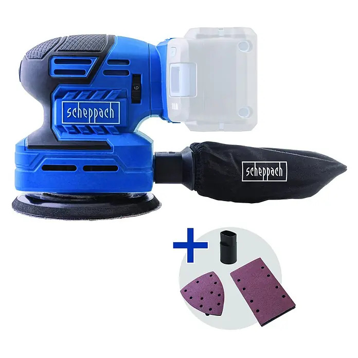 Scheppach IXES 20V Akku-Multischleifer C-MSA3/1-X - 20 V, Ohne Akku, Leerlaufschwingzahl: 14.000 U/min - 24.000 U/min - Blauer und schwarzer Akku-Exzenterschleifer mit Staubfangsack und Akkuschacht, plus Schleifblätter und Adapter.