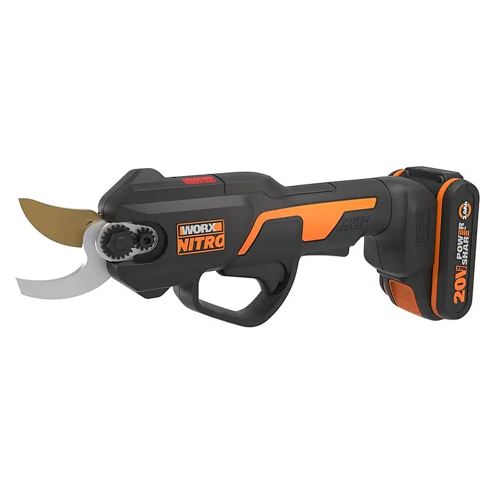 Worx PowerShare 20V Akku-Astschere WG330E.2 - 20 V, 1 Akku, Max. Aststärke: 25 mm - Schwarz-orange Akku-Astschere mit silbernen und goldenen Klingen, 'WORX NITRO'-Logo und '20V POWER SHARE'-Akku.