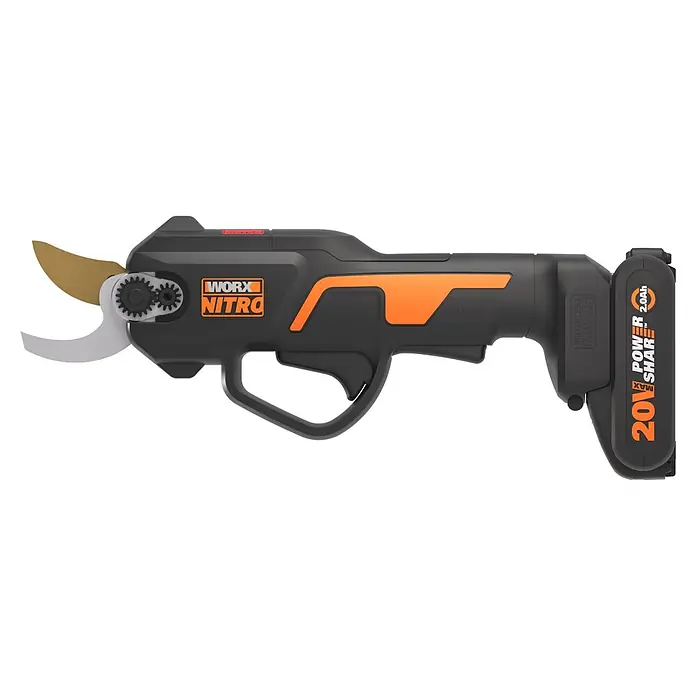 Worx PowerShare 20V Akku-Astschere WG330E.2 - 20 V, 1 Akku, Max. Aststärke: 25 mm - Schwarze und orangefarbene elektrische Astschere mit Metallklingen und 20V 2.0Ah WORX Power Share Akku.