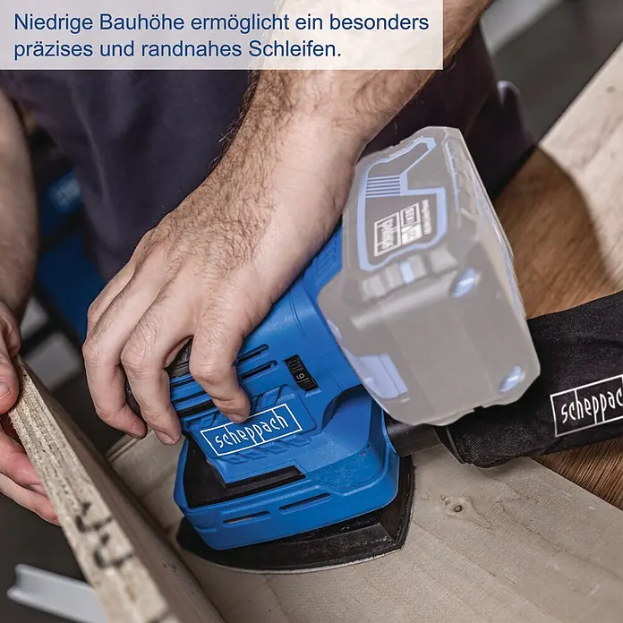 Scheppach IXES 20V Akku-Multischleifer C-MSA3/1-X - 20 V, Ohne Akku, Leerlaufschwingzahl: 14.000 U/min - 24.000 U/min - Eine Person nutzt einen blauen Scheppach Exzenterschleifer mit Akku, dessen flache Bauweise präzises Kanten schleifen ermöglicht.