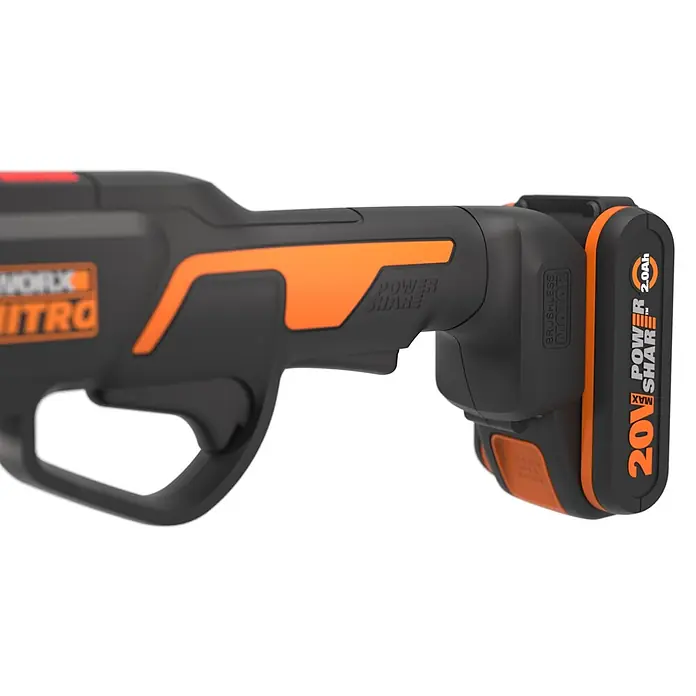 Worx PowerShare 20V Akku-Astschere WG330E.2 - 20 V, 1 Akku, Max. Aststärke: 25 mm - Schwarz-oranges Akku-Elektrowerkzeug mit 20V 2.0Ah Akku und 'POWER SHARE' sowie 'BRUSHLESS MOTOR' Branding.