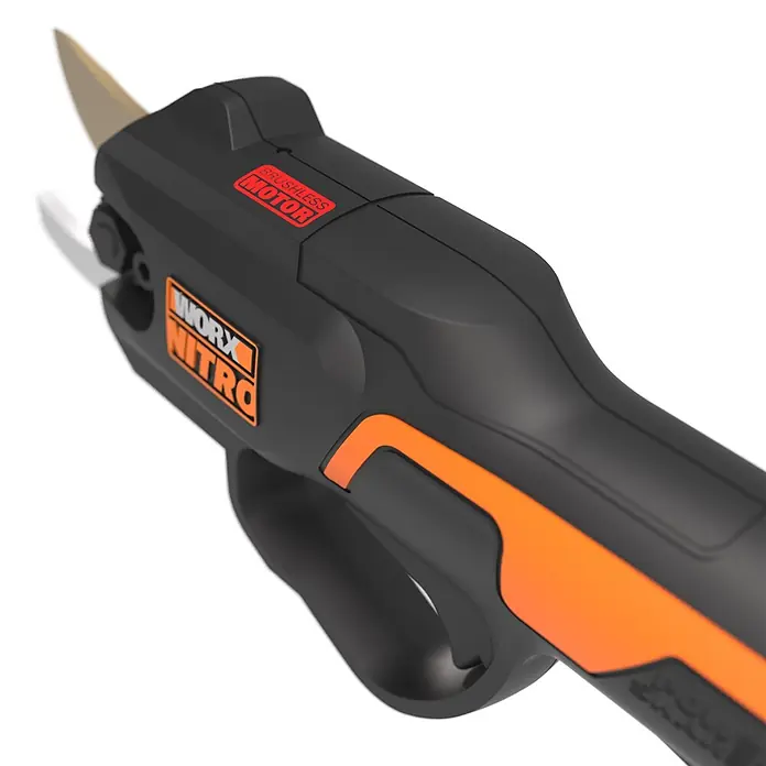 Worx PowerShare 20V Akku-Astschere WG330E.2 - 20 V, 1 Akku, Max. Aststärke: 25 mm - Schwarzer und oranger Akku-Schneider mit scharfer Klinge und WORX NITRO-Logo.