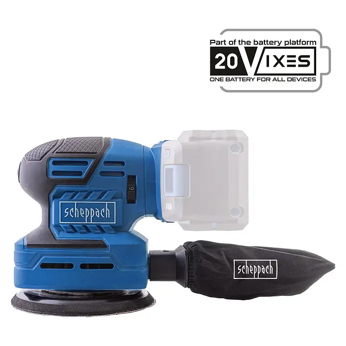 Scheppach IXES 20V Akku-Multischleifer C-MSA3/1-X - 20 V, Ohne Akku, Leerlaufschwingzahl: 14.000 U/min - 24.000 U/min - Blau-schwarzer Scheppach Akku-Exzenterschleifer mit Staubfangbeutel und Akku.
