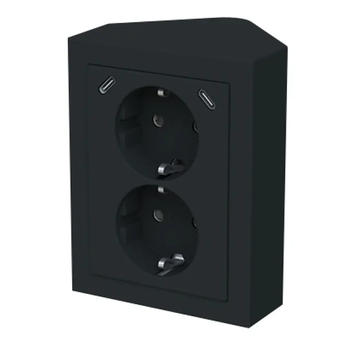 Busch-Jaeger USB-Steckdose Safety+ mit 2x USB-C Schwarz matt, Eckmontage 202EAPJB2USBC-885 - Schwarz, Matt, Kunststoff, Aufputzmontage - Schwarze Doppelsteckdose mit zwei Schuko-Anschlüssen und zwei USB-C-Ports, mit abgewinkelter Oberseite zur Eckmontage.