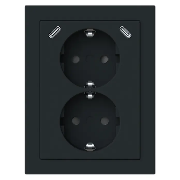 Busch-Jaeger USB-Steckdose Safety+ mit 2x USB-C Schwarz matt, Eckmontage 202EAPJB2USBC-885 - Schwarz, Matt, Kunststoff, Aufputzmontage - Schwarze Steckdose mit zwei Schuko-Anschlüssen und zwei integrierten USB-C-Ladeports.