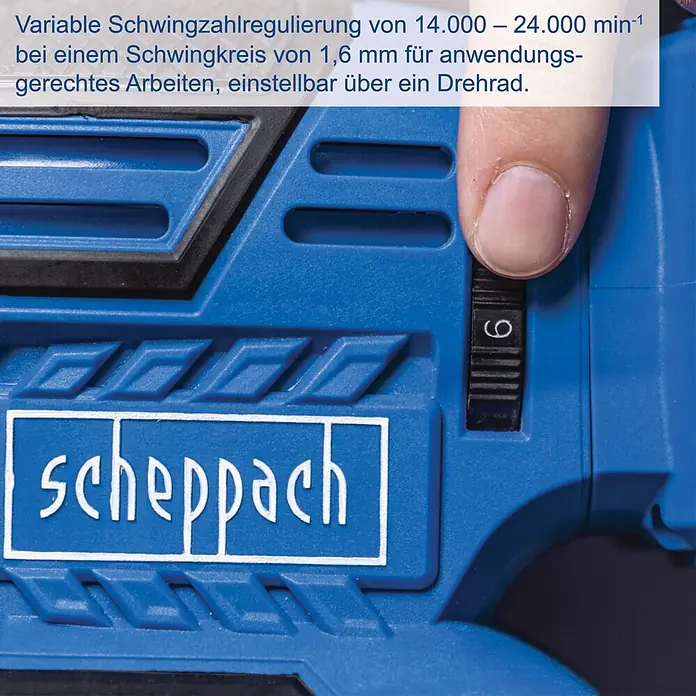 Scheppach IXES 20V Akku-Multischleifer C-MSA3/1-X - 20 V, Ohne Akku, Leerlaufschwingzahl: 14.000 U/min - 24.000 U/min - Blaues Elektrowerkzeug mit einer Hand, die das schwarze Drehrad zur Geschwindigkeitseinstellung auf '6' dreht.