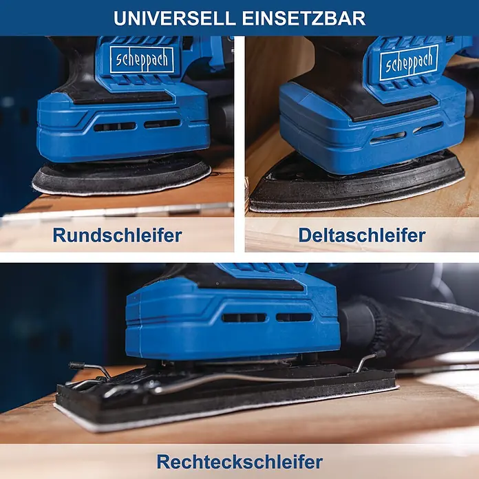 Scheppach IXES 20V Akku-Multischleifer C-MSA3/1-X - 20 V, Ohne Akku, Leerlaufschwingzahl: 14.000 U/min - 24.000 U/min - Drei Ansichten eines blauen Schleifers mit runder, dreieckiger und rechteckiger Schleifplatte für vielfältige Anwendungen.