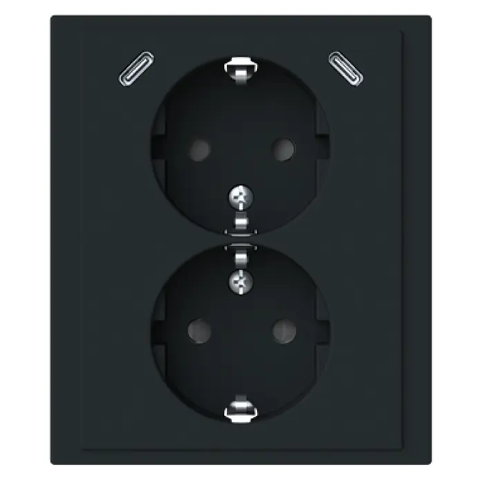 Busch-Jaeger USB-Steckdose Safety+ mit 2x USB-C Schwarz matt 202EUJRB2USBC-885 - Schwarz, Matt, Kunststoff, Unterputzmontage - Dunkelgraue Doppel-Schuko-Steckdose mit zwei integrierten USB-C-Ladeanschlüssen.
