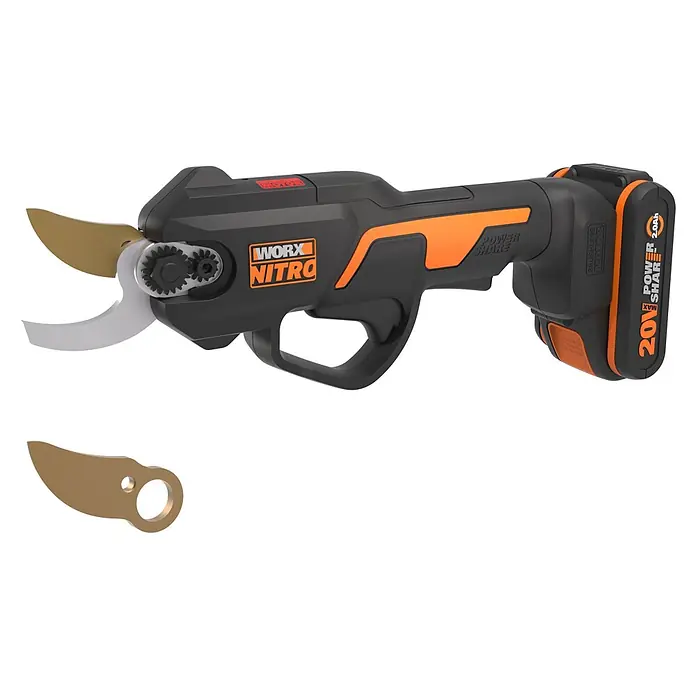 Worx PowerShare 20V Akku-Astschere WG330E.2 - 20 V, 1 Akku, Max. Aststärke: 25 mm - WORX NITRO 20V Akku-Astschere in Schwarz-Orange mit Metallklingen, ein Blatt abgenommen.