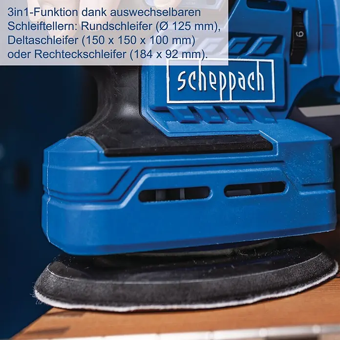 Scheppach IXES 20V Akku-Multischleifer C-MSA3/1-X - 20 V, Ohne Akku, Leerlaufschwingzahl: 14.000 U/min - 24.000 U/min - Blau-schwarze Scheppach 3-in-1 Schleifmaschine mit wechselbaren Schleiftellern, schleift Holz.