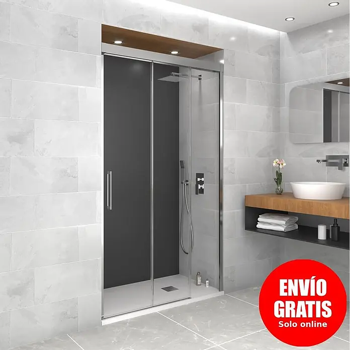GME Mampara de ducha frontal Trio - 120 x 195 cm, Eloxado, Espesor de vidrio: 6 mm, Plata brillo - Mampara de ducha moderna con puertas correderas de cristal y marco cromado en un baño contemporáneo.