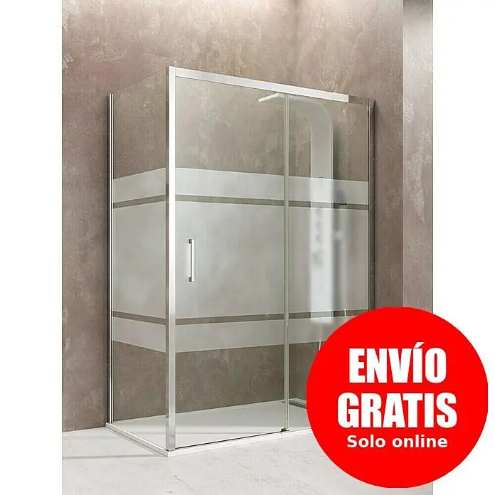 GME Mampara de ducha frontal Aktual Frontal + Lateral - L x An x Al: 70 x 140 x 195 cm, Plata Brillo, Espesor de vidrio: 8 mm, Vidrio serigrafiado - Mampara de ducha de esquina con cristal transparente, franjas esmeriladas y perfil plateado, sobre pared texturizada.