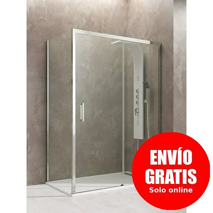 GME Mampara de ducha frontal Aktual Frontal + Lateral - L x An x Al: 70 x 100 x 195 cm, Plata Brillo, Espesor de vidrio: 8 mm, Vidrio transparente - Mampara de ducha de cristal transparente con marco plateado, puerta corredera y panel de ducha integrado.