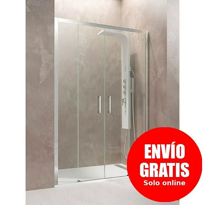 GME Mampara de ducha frontal Aktual Spazio - 180 x 195 cm, Vidrio transparente, Plata brillo - Cabina de ducha moderna de cristal con marco plateado, dos puertas correderas, plato de ducha blanco y panel de ducha blanco integrado.