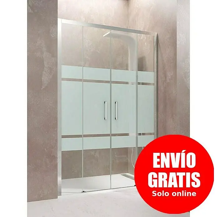 GME Mampara de ducha frontal Aktual Spazio - 190 x 195 cm, Vidrio serigrafiado, Plata brillo - Mampara de ducha moderna con paneles de cristal transparente y esmerilado, marco cromado y tiradores, instalada en un baño contemporáneo.