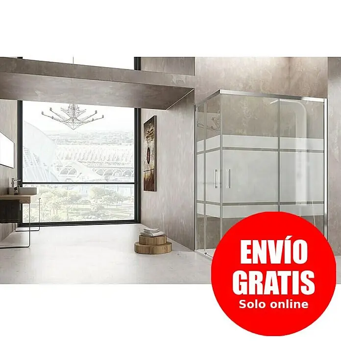 GME Mampara de ducha esquinera Aktual Angular - L x An x Al: 70 x 130 x 195 cm, Plata brillo, Vidrio serigrafiado - Mampara de ducha moderna de cristal con banda esmerilada y marco plateado, con puertas correderas, en un amplio baño.