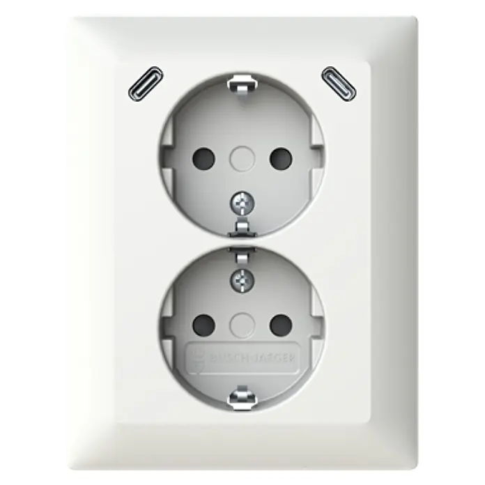 Busch-Jaeger USB-Steckdose Safety+ mit 2x USB-C Alpinweiß 202EUJRB2USBC-914 - Alpinweiß, Glänzend, Kunststoff, Unterputzmontage - Weißes doppeltes Schuko-Steckdosenmodul mit zwei integrierten USB-C-Anschlüssen.