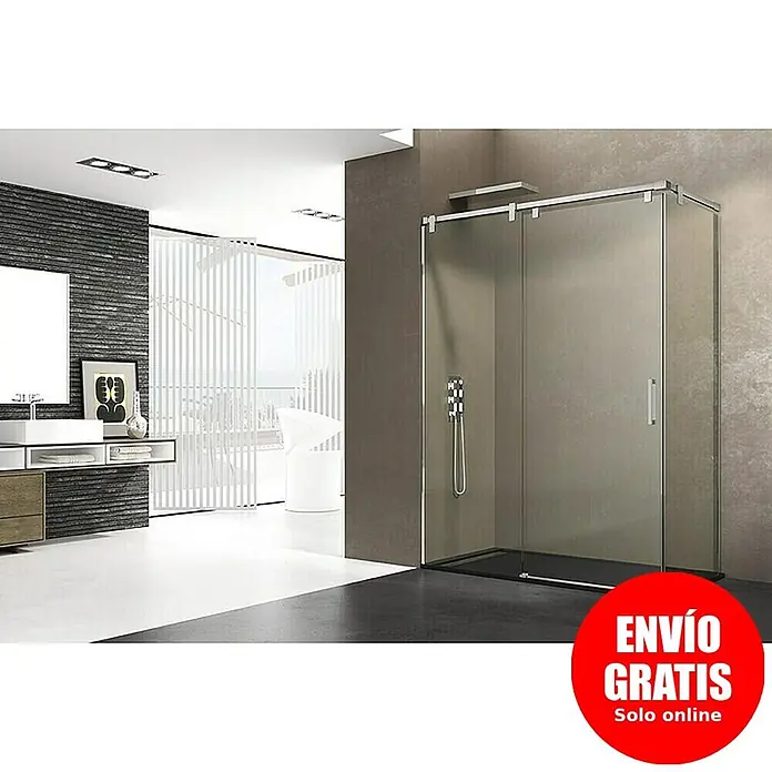GME Mampara de ducha frontal Futura - L x An x Al: 90 x 170 x 200 cm, Plata brillo, Espesor de vidrio: 6 mm, Vidrio transparente - Mampara de ducha de cristal moderna con detalles cromados y puerta corredera, plato oscuro, en un baño elegante.