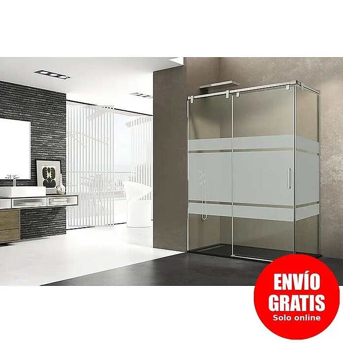 GME Mampara de ducha frontal Futura - L x An x Al: 70 x 120 x 200 cm, Plata brillo, Espesor de vidrio: 6 mm, Vidrio serigrafiado - Mampara de ducha de cristal con bandas esmeriladas y marco cromado en un baño moderno.