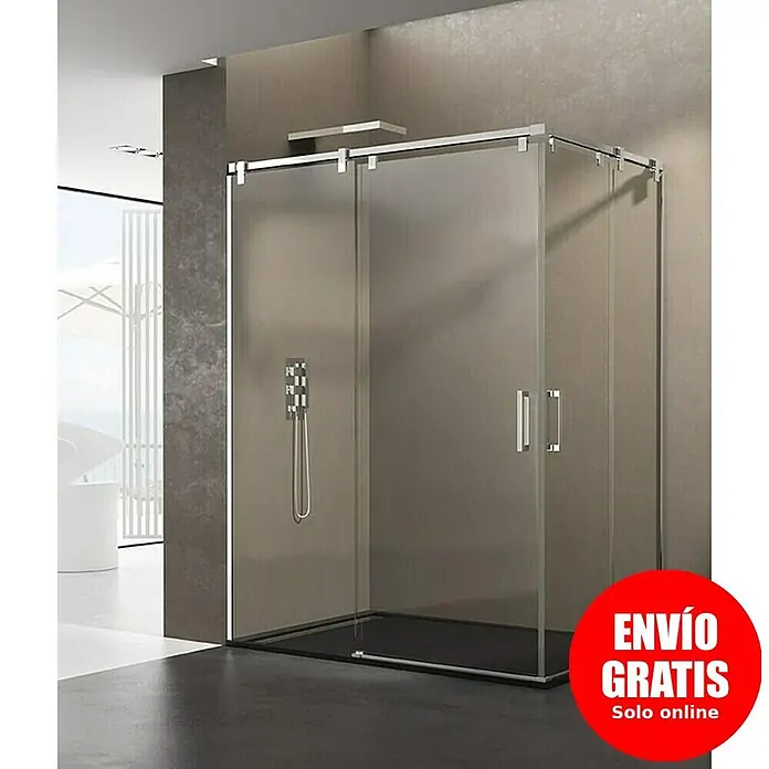 GME Mampara de ducha esquinera Futura Angular - L x An x Al: 70 x 75 x 200 cm, Plata brillo, Vidrio transparente - Mampara de ducha de esquina moderna con paneles de vidrio esmerilado y plato de ducha oscuro en un baño contemporáneo.