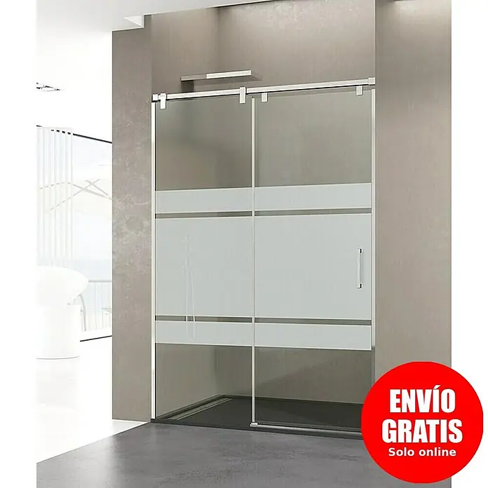 GME Mampara de ducha frontal Futura - 150 x 200 cm, Vidrio serigrafiado, Plata brillo - Mampara de ducha corredera moderna con franjas horizontales claras y esmeriladas y marco cromado, instalada en una ducha.