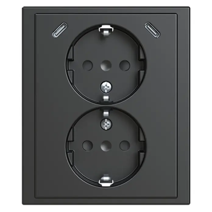 Busch-Jaeger USB-Steckdose Safety+ mit 2x USB-C Anthrazit 202EUJRB2USBC-81 - Anthrazit, Glänzend, Kunststoff, Unterputzmontage - Anthrazitfarbene Doppel-Schukosteckdose mit integrierten diagonalen Anschlüssen.