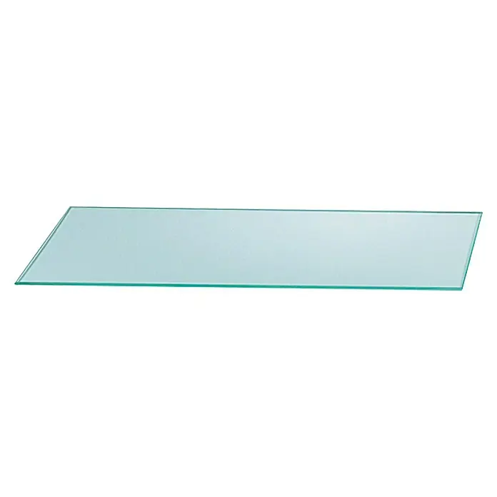 Kristall-Form Glasablage - 50 x 14 cm, Stärke: 6 mm - Das Bild zeigt eine rechteckige Glasplatte mit leicht grünlicher Tönung auf einem neutralen Hintergrund. Ideal für Laborarbeiten oder als Ablage.