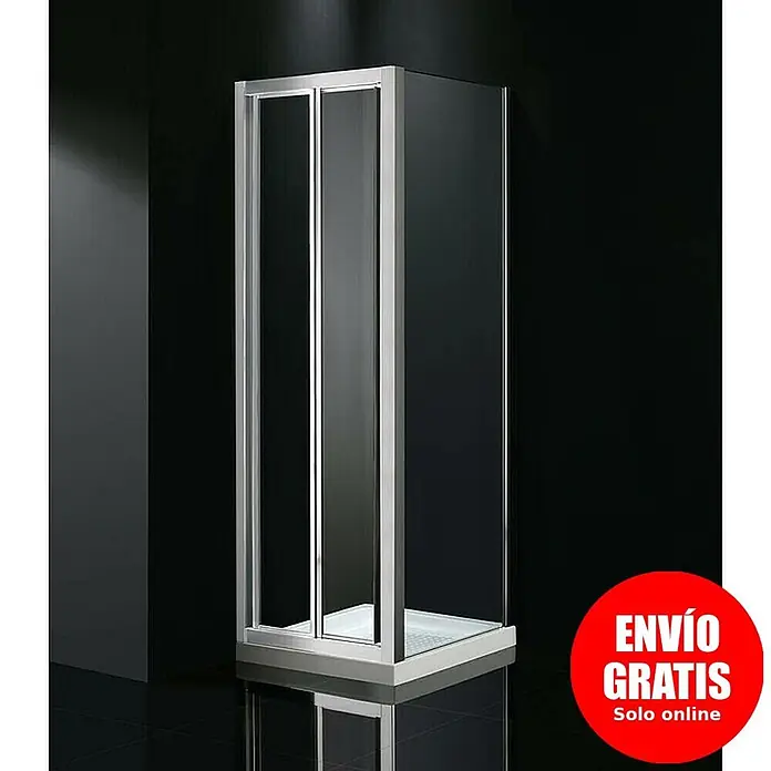 GME Mampara de ducha plegable esquinera Akord - An x Al: 80 x 195 cm, Plata Brillo, Espesor de vidrio: 4 mm, Longitud regulable: 66 cm - 78,4 cm - Mampara de ducha moderna con paneles de cristal transparente, marcos plateados y puertas correderas, sobre un plato blanco.