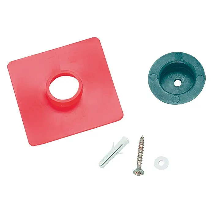 Kristall-Form Spiegelbefestigung Clip-On - 5 -tlg. - Nahaufnahme eines Befestigungssets mit roter Platte, Dübel, Schraube, Unterlegscheibe und dunkelgrünem Einsatz zur Installation.