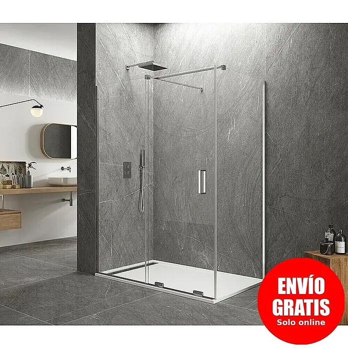 GME Mampara de ducha esquinera Kenna - L x An x Al: 70 x 120 x 195 cm, Vidrio transparente - Mampara de ducha moderna con paneles de cristal transparente y plato de ducha blanco instalada en un baño con azulejos elegante.