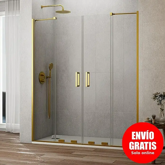 GME Mampara de ducha frontal Kenna - 161 x 195 cm, Espesor de vidrio: 8 mm, Oro - Mampara de ducha de cristal con marco dorado y doble puerta, ducha y grifo dorados en un baño moderno.