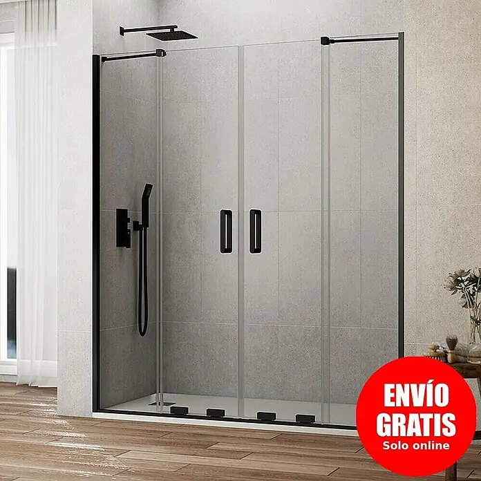GME Mampara de ducha frontal Kenna - 141 x 195 cm, Espesor de vidrio: 8 mm, Negro - Mampara de ducha moderna con marco negro y puertas de cristal transparente, grifería de ducha negra, en baño alicatado con suelo de madera.