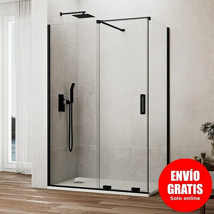 GME Mampara de ducha frontal Kenna - 80 x 195 cm, Espesor de vidrio: 8 mm, Negro, Longitud regulable: 165 cm - 170 cm - Mampara de ducha de cristal con marco negro y accesorios de ducha negros en un baño alicatado.