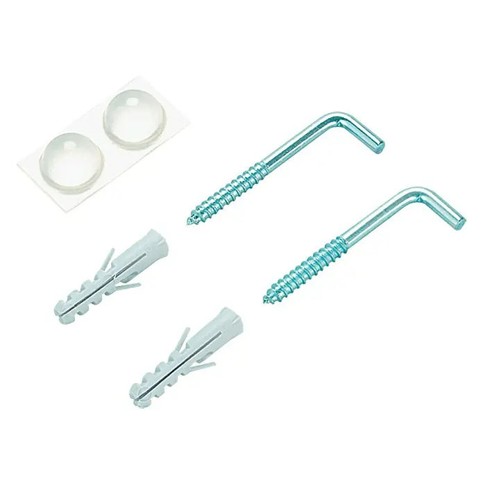 Spiegelaufhänge-Set - 2 Stk. - Ein Set mit zwei Winkelhaken, Dübeln und transparenten Puffern, ideal für die Montage leichter Gegenstände an Wänden.