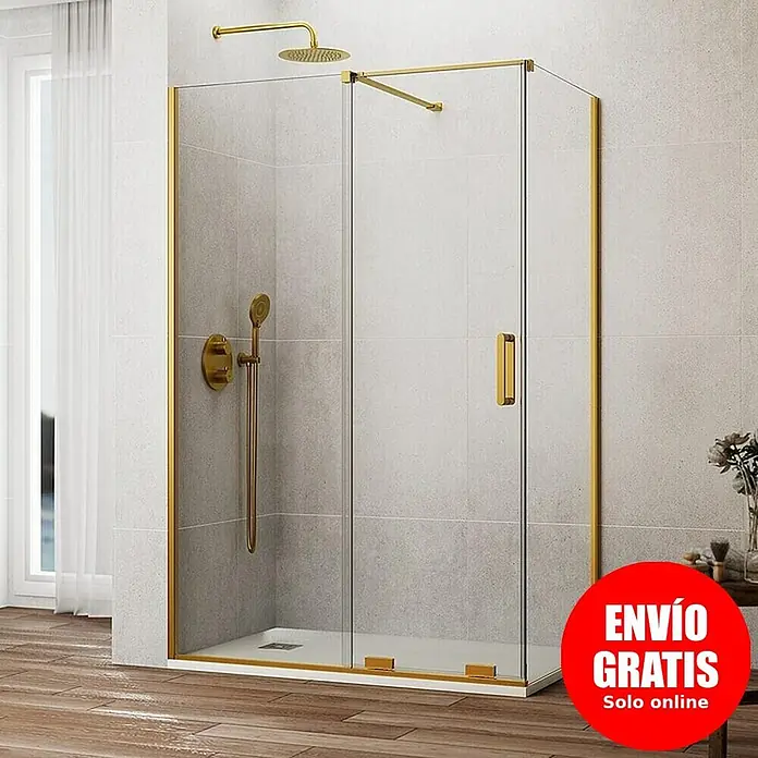 GME Mampara de ducha frontal Kenna - 70 x 195 cm, Espesor de vidrio: 8 mm, Oro, Longitud regulable: 165 cm - 170 cm - Cabina de ducha moderna con paneles de vidrio transparente y elegantes marcos dorados, ducha de techo y teléfono en un baño contemporáneo.