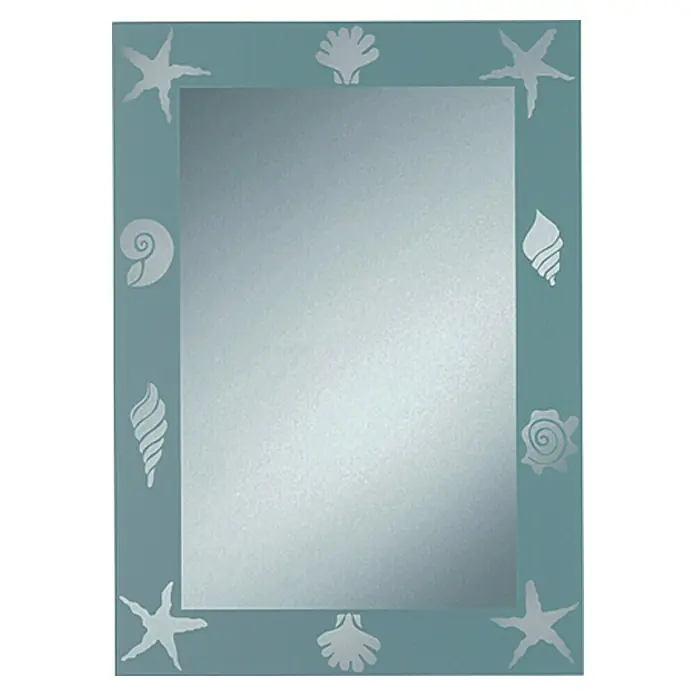 Kristall-Form Siebdruckspiegel Nemo - 50 x 70 cm, Silber - Blauer Spiegel mit Seestern- und Muschelmotiven. Der Spiegel ist rechteckig und hat einen maritimen Look, ideal für Badezimmer oder Flure.