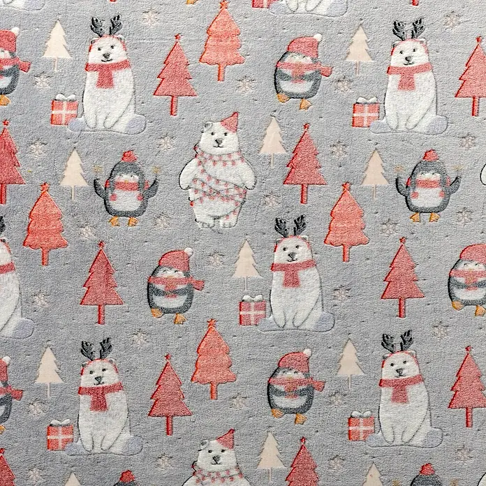 Wohndecke Snowy Glow - 140 x 180 cm, Micro Chip - Weicher grauer Stoff mit Weihnachtsmuster aus Eisbären, Pinguinen, roten Bäumen und Schneeflocken.