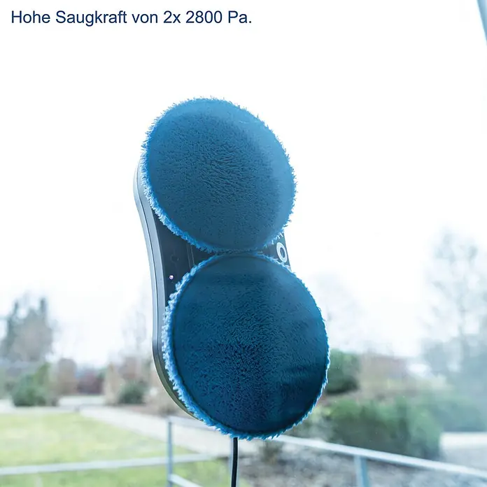Scheppach Fensterreinigungsroboter WCR72 - Wassertankvolumen Roboter: 35 ml, Saugkraft: 2.800 Pa - Fensterputzroboter mit zwei blauen Reinigungspads, an der Scheibe haftend. Hohe Saugkraft von 2x 2800 Pa.