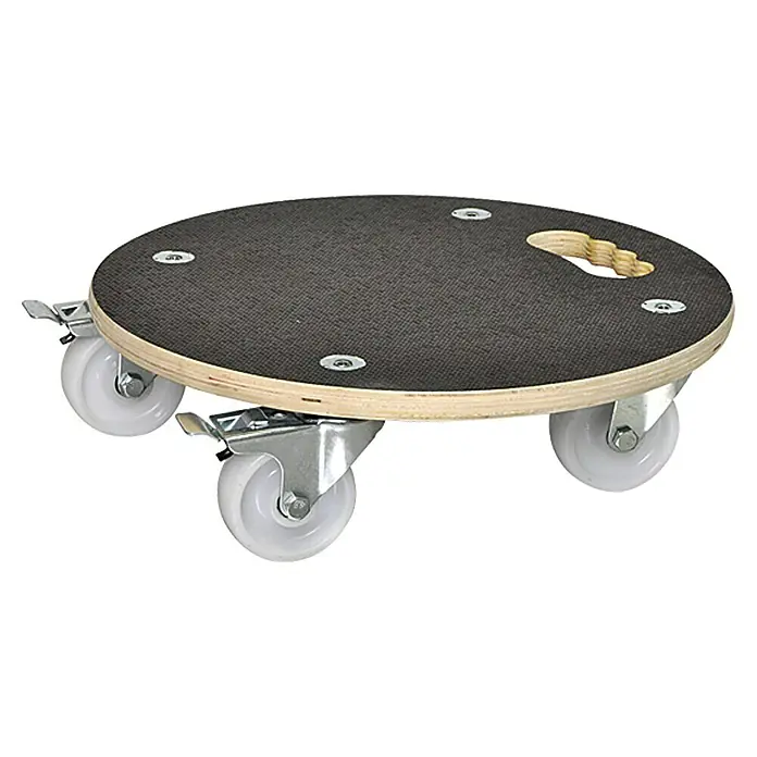 Wagner System Pflanzenroller XXL Grip - 38 cm, Max. Belastung: 250 kg - Das Bild zeigt ein Rollbrett, das aus einer runden Holzplatte mit Griff und vier Rollen besteht. Das Rollbrett ist für den Transport von schweren Gegenständen geeignet.